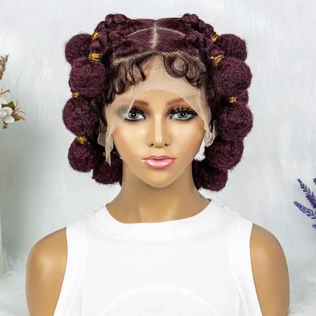 Alt view image 4 of 7 - New Style Bantu Knot Braided Wigs Synthetic HD Full Lace Wig For Women Afrian Braid Braiding Hair Knotless Box Braids Wigs Gradient burgundy