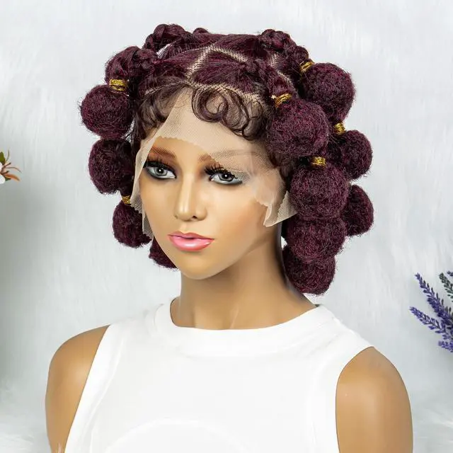 Alt view image 5 of 7 - New Style Bantu Knot Braided Wigs Synthetic HD Full Lace Wig For Women Afrian Braid Braiding Hair Knotless Box Braids Wigs Gradient burgundy