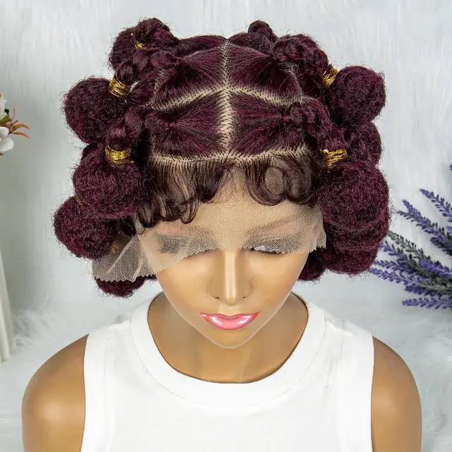 Alt view image 6 of 7 - New Style Bantu Knot Braided Wigs Synthetic HD Full Lace Wig For Women Afrian Braid Braiding Hair Knotless Box Braids Wigs Gradient burgundy