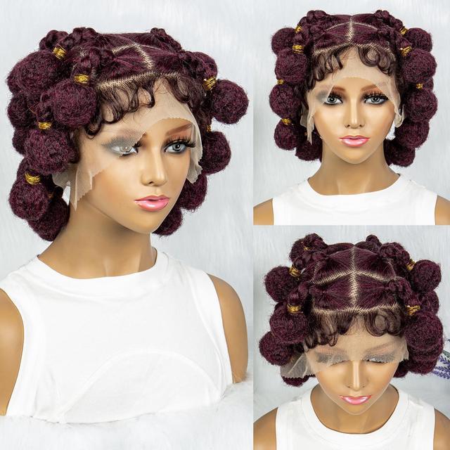 New Style Bantu Knot Braided Wigs Synthetic HD Full Lace Wig For Women  Afrian Braid Braiding Hair Knotless Box Braids Wigs Gradient burgundy 