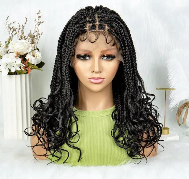 Alt view image 4 of 7 - Colored Synthetic Lace Front Braided Wigs For Black Women Goddess Box Braids Curly Ends 9*6 Glueless Closure Wigs