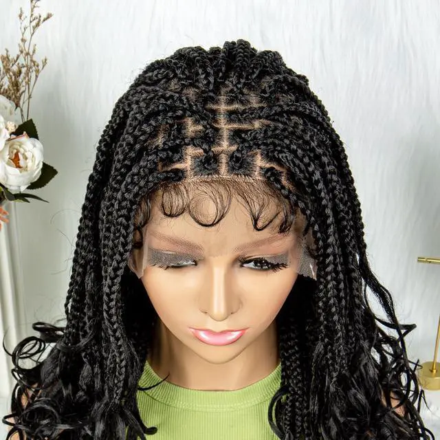 Alt view image 3 of 7 - Colored Synthetic Lace Front Braided Wigs For Black Women Goddess Box Braids Curly Ends 9*6 Glueless Closure Wigs