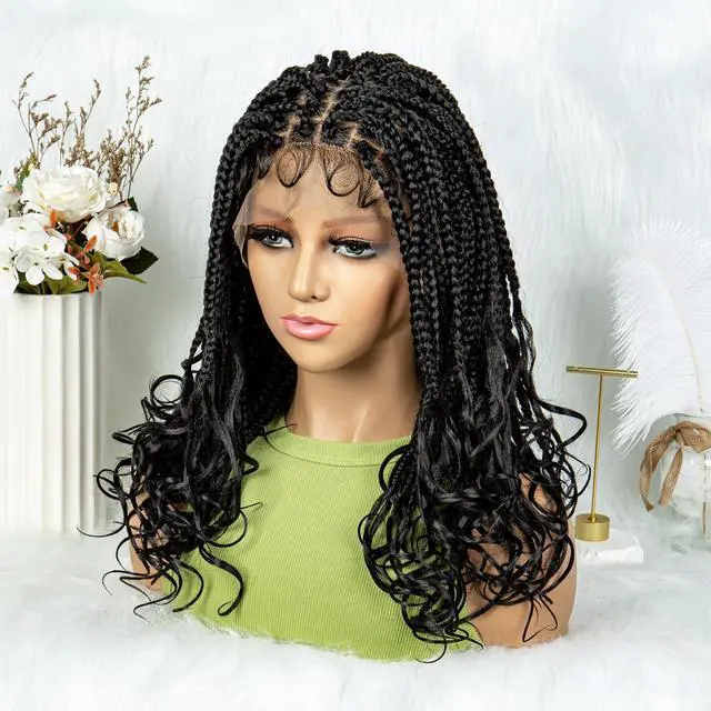 Alt view image 6 of 7 - Colored Synthetic Lace Front Braided Wigs For Black Women Goddess Box Braids Curly Ends 9*6 Glueless Closure Wigs