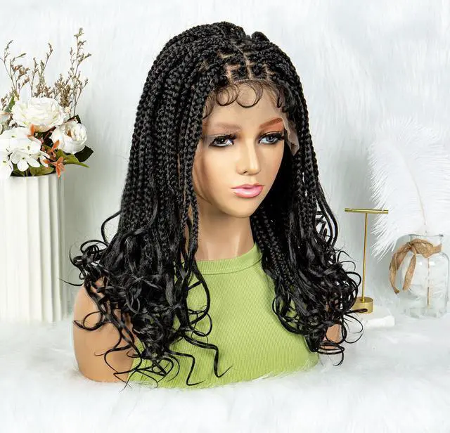 Alt view image 5 of 7 - Colored Synthetic Lace Front Braided Wigs For Black Women Goddess Box Braids Curly Ends 9*6 Glueless Closure Wigs