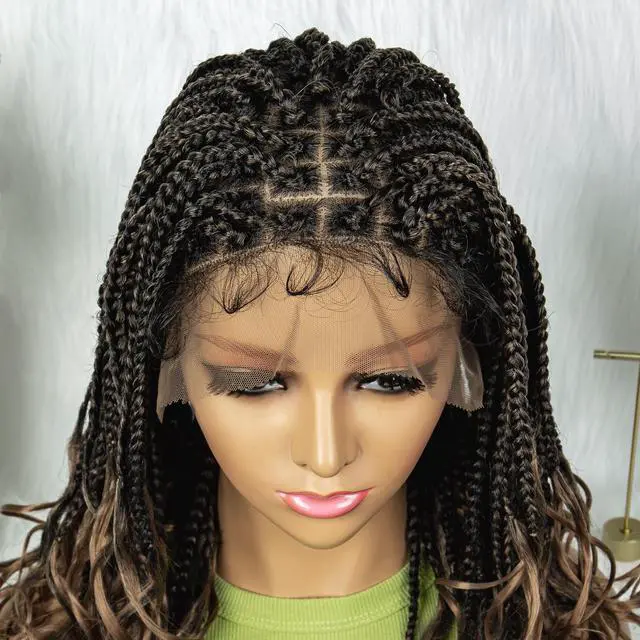 Alt view image 2 of 7 - Colored Synthetic Lace Front Braided Wigs For Black Women Goddess Box Braids Curly Ends 9*6 Glueless Closure Wigs 1B/27#