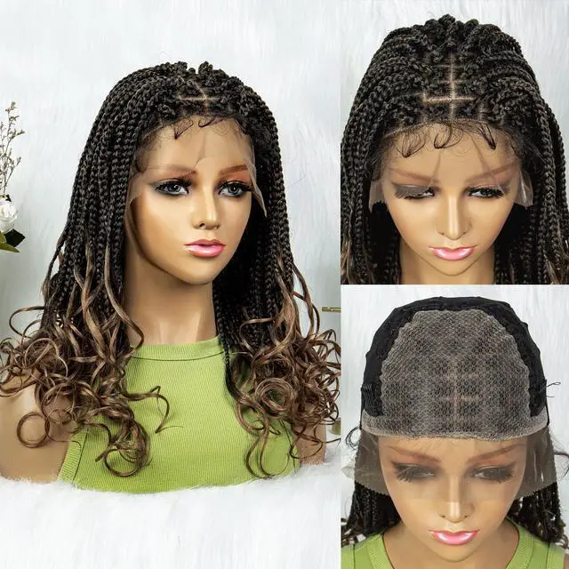 Main image of Colored Synthetic Lace Front Braided Wigs For Black Women Goddess Box Braids Curly Ends 9*6 Glueless Closure Wigs 1B/27#