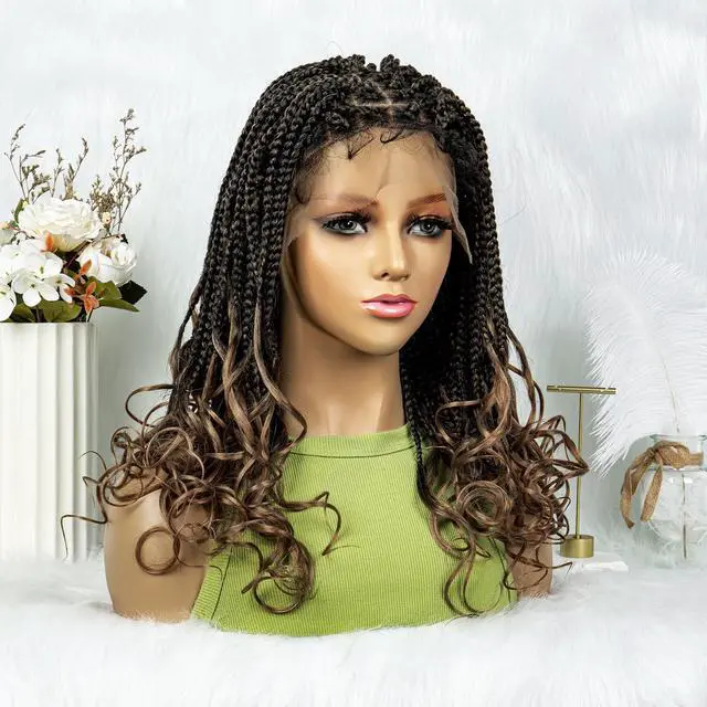 Alt view image 4 of 7 - Colored Synthetic Lace Front Braided Wigs For Black Women Goddess Box Braids Curly Ends 9*6 Glueless Closure Wigs 1B/27#