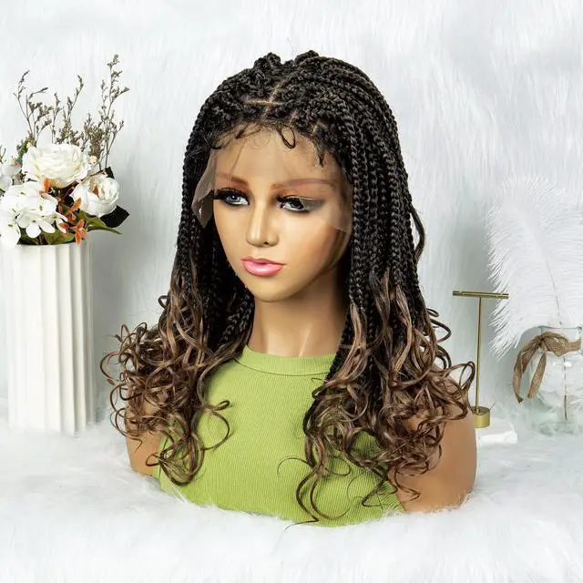Alt view image 5 of 7 - Colored Synthetic Lace Front Braided Wigs For Black Women Goddess Box Braids Curly Ends 9*6 Glueless Closure Wigs 1B/27#