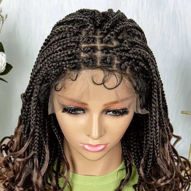 Alt view image 3 of 7 - Colored Synthetic Lace Front Braided Wigs For Black Women Goddess Box Braids Curly Ends 9*6 Glueless Closure Wigs 1B/30#