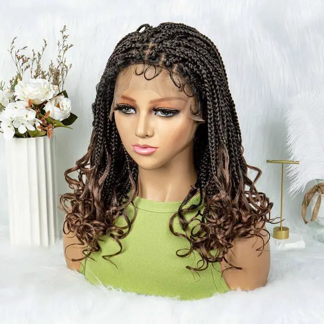 Alt view image 5 of 7 - Colored Synthetic Lace Front Braided Wigs For Black Women Goddess Box Braids Curly Ends 9*6 Glueless Closure Wigs 1B/30#