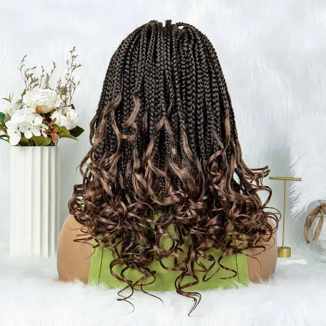 Alt view image 2 of 7 - Colored Synthetic Lace Front Braided Wigs For Black Women Goddess Box Braids Curly Ends 9*6 Glueless Closure Wigs 1B/30#