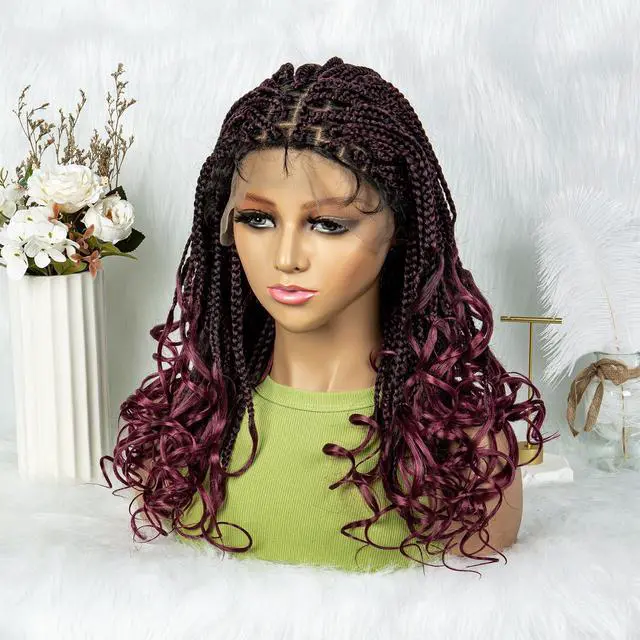 Alt view image 6 of 7 - Colored Synthetic Lace Front Braided Wigs For Black Women Goddess Box Braids Curly Ends 9*6 Glueless Closure Wigs 1B/BUG#