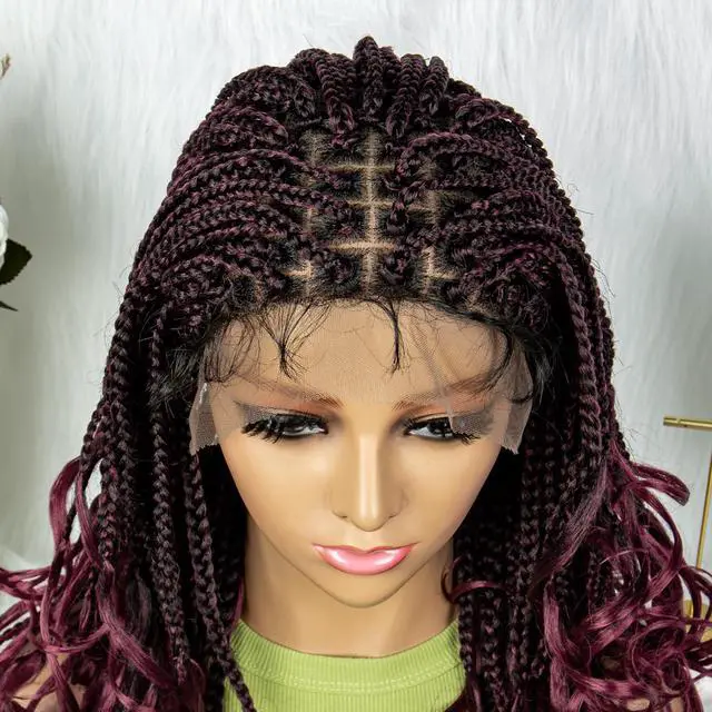 Alt view image 3 of 7 - Colored Synthetic Lace Front Braided Wigs For Black Women Goddess Box Braids Curly Ends 9*6 Glueless Closure Wigs 1B/BUG#