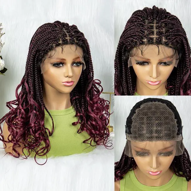 Main image of Colored Synthetic Lace Front Braided Wigs For Black Women Goddess Box Braids Curly Ends 9*6 Glueless Closure Wigs 1B/BUG#