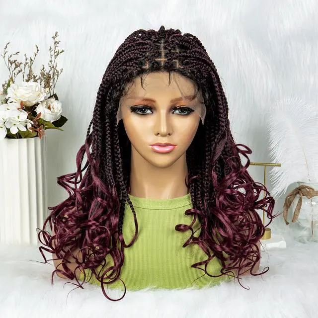 Alt view image 4 of 7 - Colored Synthetic Lace Front Braided Wigs For Black Women Goddess Box Braids Curly Ends 9*6 Glueless Closure Wigs 1B/BUG#