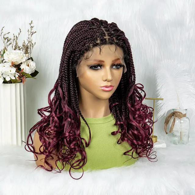 Alt view image 5 of 7 - Colored Synthetic Lace Front Braided Wigs For Black Women Goddess Box Braids Curly Ends 9*6 Glueless Closure Wigs 1B/BUG#