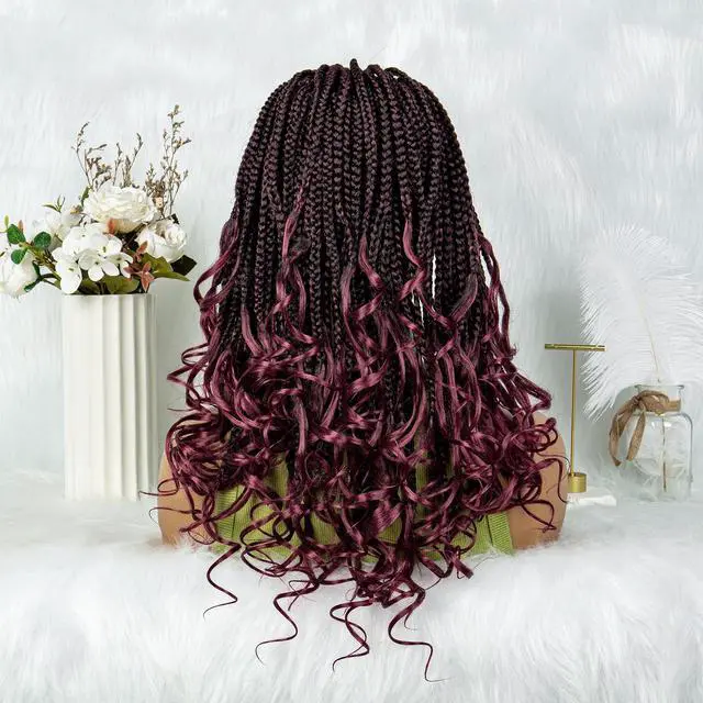 Alt view image 2 of 7 - Colored Synthetic Lace Front Braided Wigs For Black Women Goddess Box Braids Curly Ends 9*6 Glueless Closure Wigs 1B/BUG#