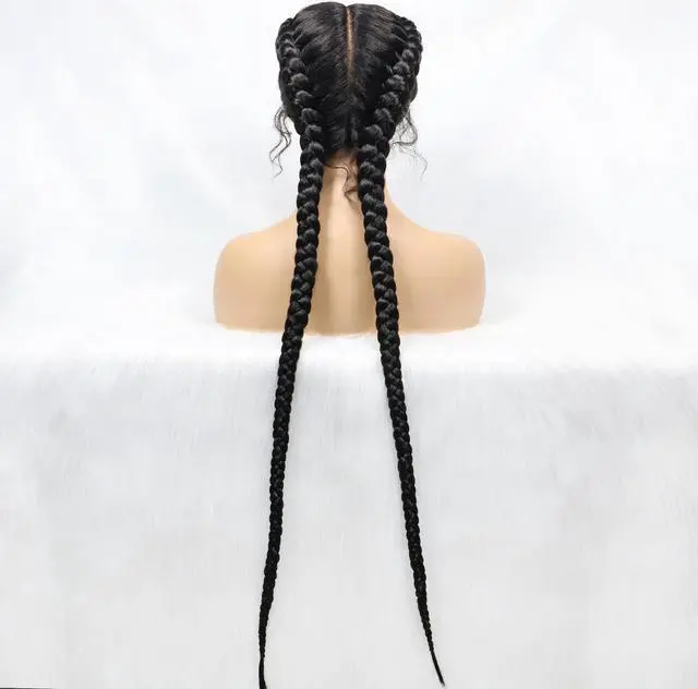 Alt view image 2 of 7 - 36 Inches Long Lace Front Synthetic Braided Wigs Lace Front Dutch Twins Braids Wig With Baby Hair for Black Women