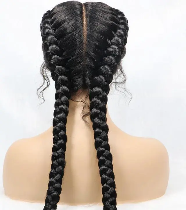 Alt view image 3 of 7 - 36 Inches Long Lace Front Synthetic Braided Wigs Lace Front Dutch Twins Braids Wig With Baby Hair for Black Women