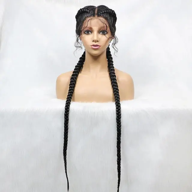 Main image of 36 Inches Long Lace Front Synthetic Braided Wigs Lace Front Dutch Twins Braids Wig With Baby Hair for Black Women