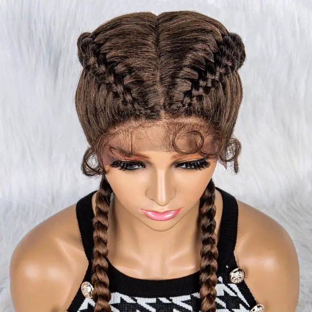 Alt view image 2 of 7 - 36 Inches Long Lace Front Synthetic Braided Wigs Lace Front Dutch Twins Braids Wig With Baby Hair for Black Women 1B/30#