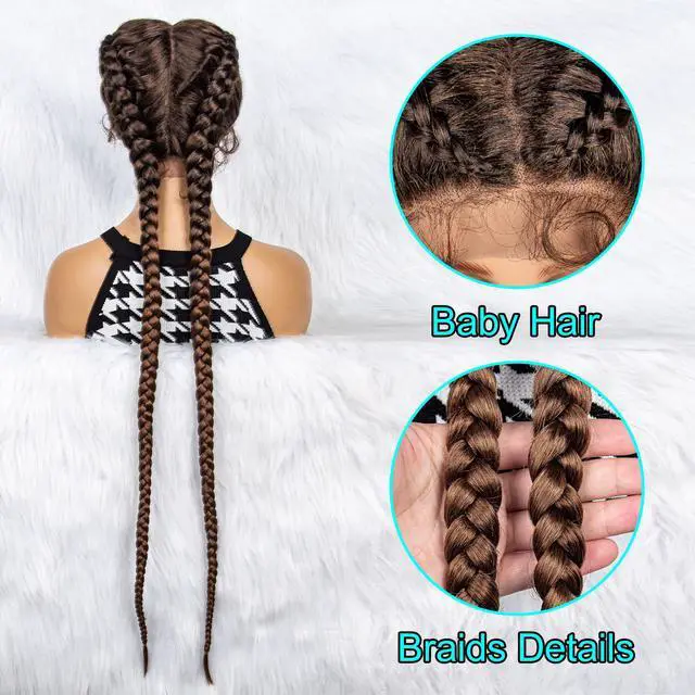 Alt view image 5 of 7 - 36 Inches Long Lace Front Synthetic Braided Wigs Lace Front Dutch Twins Braids Wig With Baby Hair for Black Women 1B/30#