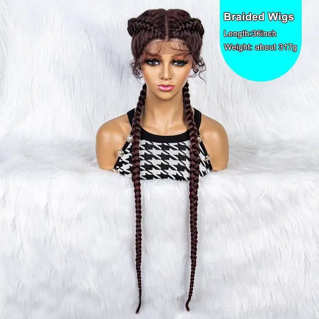 Alt view image 6 of 7 - 36 Inches Long Lace Front Synthetic Braided Wigs Lace Front Dutch Twins Braids Wig With Baby Hair for Black Women 1B/BUG#