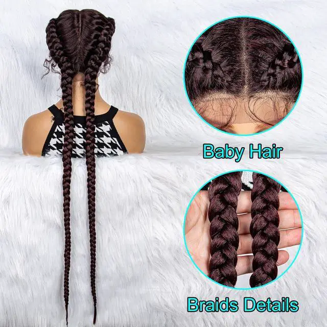 Alt view image 5 of 7 - 36 Inches Long Lace Front Synthetic Braided Wigs Lace Front Dutch Twins Braids Wig With Baby Hair for Black Women 1B/BUG#