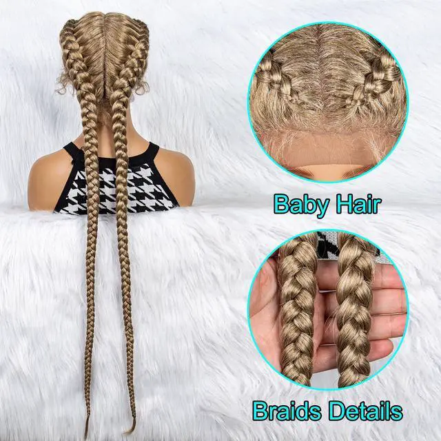 Alt view image 6 of 7 - 36 Inches Long Lace Front Synthetic Braided Wigs Lace Front Dutch Twins Braids Wig With Baby Hair for Black Women 27/613#