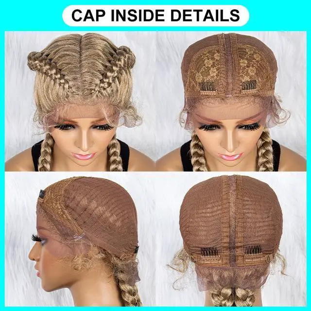 Alt view image 7 of 7 - 36 Inches Long Lace Front Synthetic Braided Wigs Lace Front Dutch Twins Braids Wig With Baby Hair for Black Women 27/613#