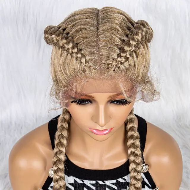 Alt view image 4 of 7 - 36 Inches Long Lace Front Synthetic Braided Wigs Lace Front Dutch Twins Braids Wig With Baby Hair for Black Women 27/613#