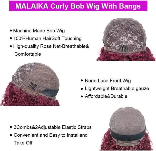 Alt view image 7 of 7 - Curly Bob Wig with Bangs 10A Short Virgin Human Hair Wigs Glueless Afro Curly Wigs for Black Women 150% Density Human Hair Top Full Machine Made Wig With Bangs (14", 99J#)