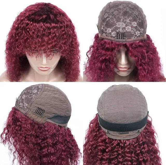 Alt view image 6 of 7 - Curly Bob Wig with Bangs 10A Short Virgin Human Hair Wigs Glueless Afro Curly Wigs for Black Women 150% Density Human Hair Top Full Machine Made Wig With Bangs (14", 99J#)