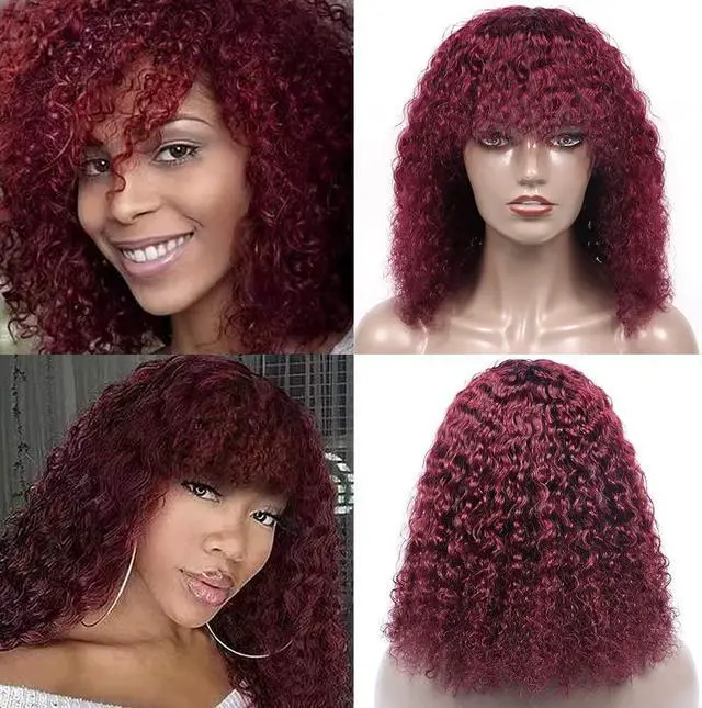 Main image of Curly Bob Wig with Bangs 10A Short Virgin Human Hair Wigs Glueless Afro Curly Wigs for Black Women 150% Density Human Hair Top Full Machine Made Wig With Bangs (14", 99J#)