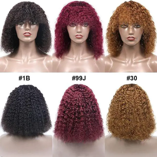 Alt view image 2 of 7 - Curly Bob Wig with Bangs 10A Short Virgin Human Hair Wigs Glueless Afro Curly Wigs for Black Women 150% Density Human Hair Top Full Machine Made Wig With Bangs (14", 99J#)
