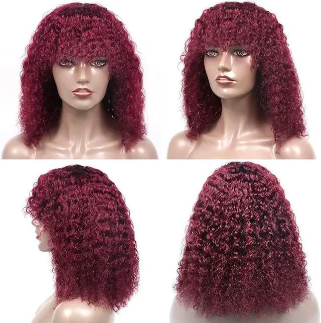 Alt view image 3 of 7 - Curly Bob Wig with Bangs 10A Short Virgin Human Hair Wigs Glueless Afro Curly Wigs for Black Women 150% Density Human Hair Top Full Machine Made Wig With Bangs (14", 99J#)