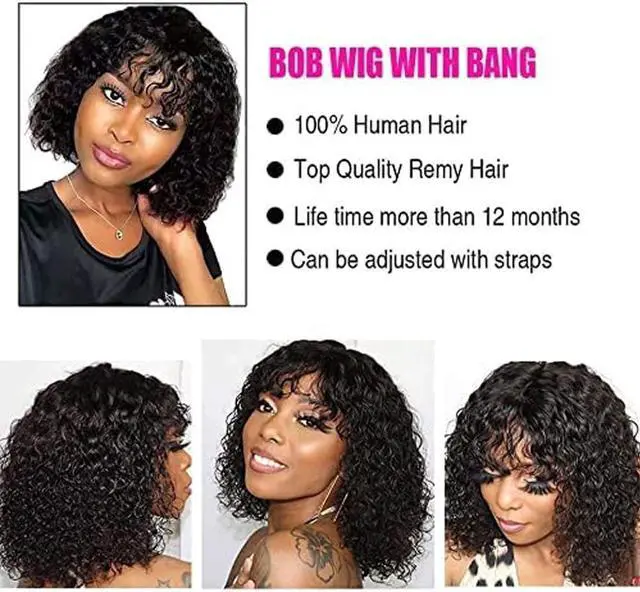 Alt view image 4 of 6 - Jerry Curly Bob Wig with Bangs 10A Short Virgin Human Hair Wigs Glueless Afro Curly Wigs for Black Women 200% Density Natural Color Human Hair Top Full Machine Made Wig With Bangs (14", Natural Color)