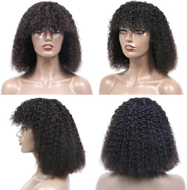 Alt view image 5 of 6 - Jerry Curly Bob Wig with Bangs 10A Short Virgin Human Hair Wigs Glueless Afro Curly Wigs for Black Women 200% Density Natural Color Human Hair Top Full Machine Made Wig With Bangs (14", Natural Color)