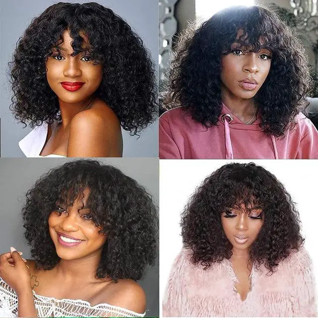 Alt view image 3 of 6 - Jerry Curly Bob Wig with Bangs 10A Short Virgin Human Hair Wigs Glueless Afro Curly Wigs for Black Women 200% Density Natural Color Human Hair Top Full Machine Made Wig With Bangs (14", Natural Color)