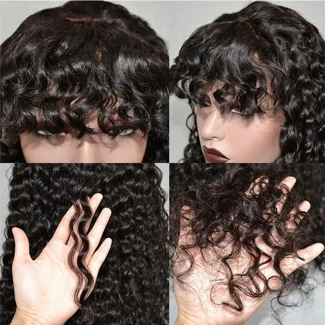 Alt view image 6 of 6 - Jerry Curly Bob Wig with Bangs 10A Short Virgin Human Hair Wigs Glueless Afro Curly Wigs for Black Women 200% Density Natural Color Human Hair Top Full Machine Made Wig With Bangs (14", Natural Color)