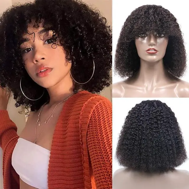 Main image of Jerry Curly Bob Wig with Bangs 10A Short Virgin Human Hair Wigs Glueless Afro Curly Wigs for Black Women 200% Density Natural Color Human Hair Top Full Machine Made Wig With Bangs (14", Natural Color)