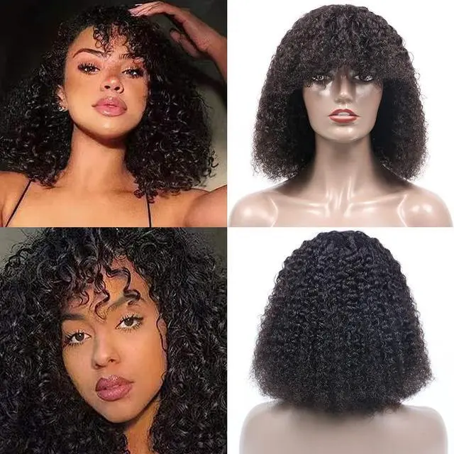 Alt view image 2 of 6 - Jerry Curly Bob Wig with Bangs 10A Short Virgin Human Hair Wigs Glueless Afro Curly Wigs for Black Women 200% Density Natural Color Human Hair Top Full Machine Made Wig With Bangs (14", Natural Color)
