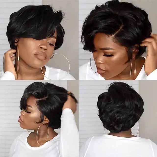 Alt view image 4 of 7 - Short Human Hair Wigs for Black Women 10A Pixie Cut Wig Transparent Wave Lace Front Bob Wig 13X4x1 T Part Brazilian Loose Wave Lace Frontal Wigs 150% Density(1B#,6Inch)