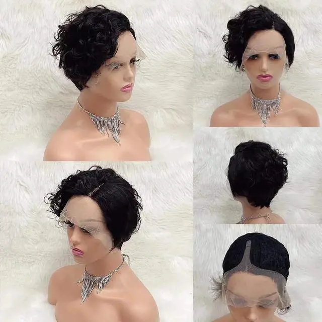 Alt view image 6 of 7 - Short Human Hair Wigs for Black Women 10A Pixie Cut Wig Transparent Wave Lace Front Bob Wig 13X4x1 T Part Brazilian Loose Wave Lace Frontal Wigs 150% Density(1B#,6Inch)
