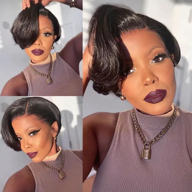 Main image of Short Human Hair Wigs for Black Women 10A Pixie Cut Wig Transparent Wave Lace Front Bob Wig 13X4x1 T Part Brazilian Loose Wave Lace Frontal Wigs 150% Density(1B#,6Inch)
