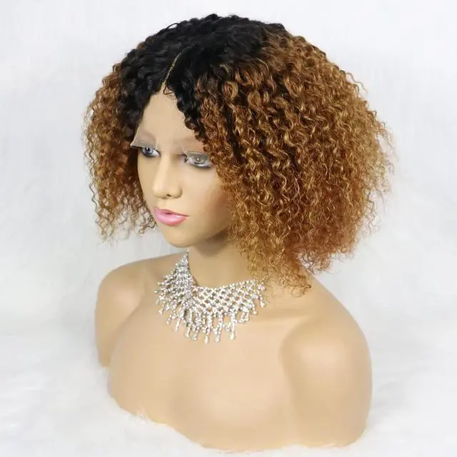 Alt view image 3 of 7 - Short Curly Afro Wigs 10A Kinky Curly Human Hair Bob Wig 13x4x1Transparent Lace Front Wigs for Black Women 150% Denisty Brazilian Human Hair Wigs(1B/30#)