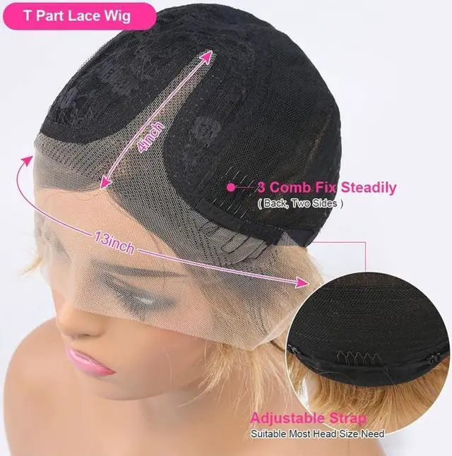 Alt view image 5 of 6 - Short Human Hair 13x4x1 T Lace Front Wigs 10A Pixie Cut Curly Human Side Part Wigs Black Wavy Hair Natural Wave Bob Wigs Brazilian Virgin 180% Density Human Hair Wigs For Women(1B#)