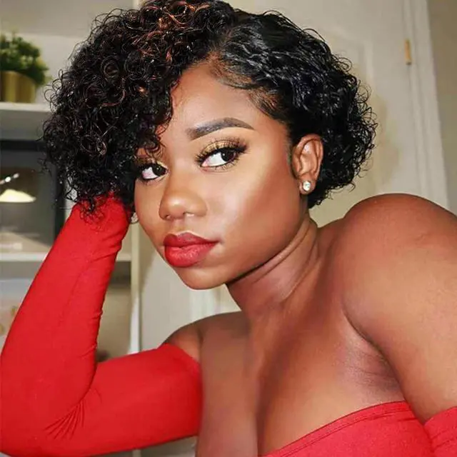 Main image of Short Human Hair 13x4x1 T Lace Front Wigs 10A Pixie Cut Curly Human Side Part Wigs Black Wavy Hair Natural Wave Bob Wigs Brazilian Virgin 180% Density Human Hair Wigs For Women(1B#)
