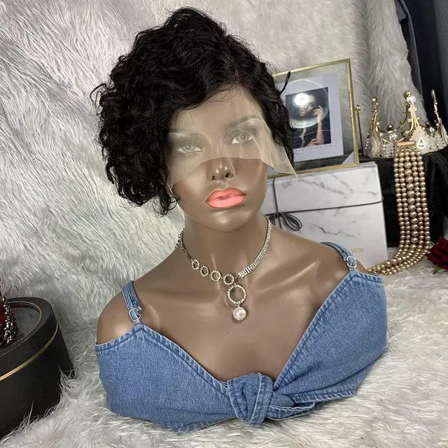 Alt view image 3 of 6 - Short Human Hair 13x4x1 T Lace Front Wigs 10A Pixie Cut Curly Human Side Part Wigs Black Wavy Hair Natural Wave Bob Wigs Brazilian Virgin 180% Density Human Hair Wigs For Women(1B#)