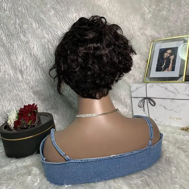Alt view image 6 of 6 - Short Human Hair 13x4x1 T Lace Front Wigs 10A Pixie Cut Curly Human Side Part Wigs Black Wavy Hair Natural Wave Bob Wigs Brazilian Virgin 180% Density Human Hair Wigs For Women(1B#)